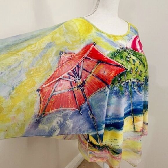Leoma Lovegrove Colorful Tropical Overlay Top Beach Scene Art To Wear - Picture 5 of 7